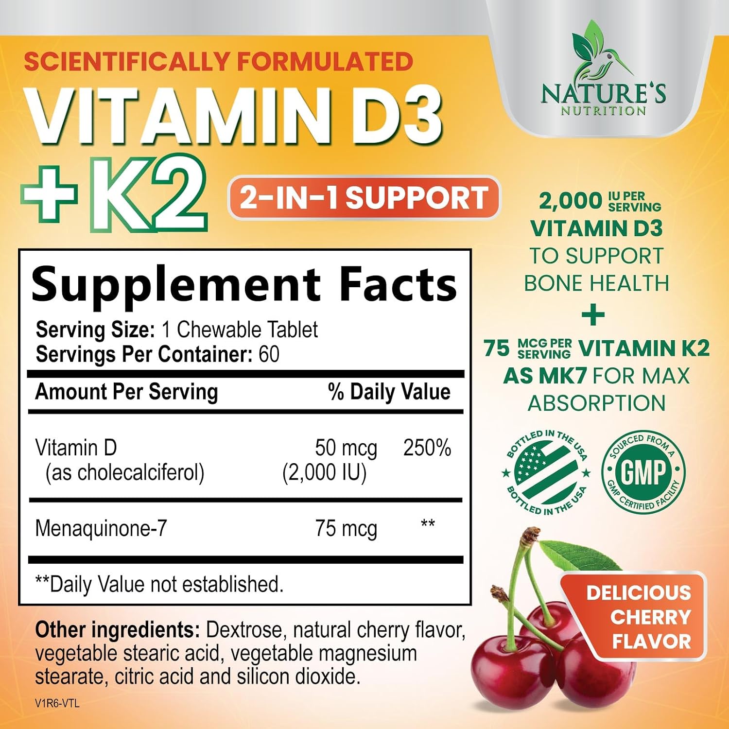 Vitamina D3 K2 2000 UI con MK-7 - 60 Comprimidos Masticables Sabor Berry