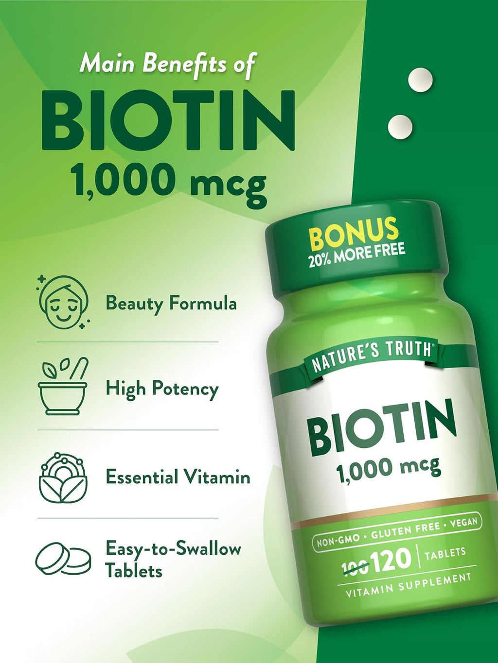Nature's Truth Biotina 1000 mcg | 120 Comprimidos | Vegano, Sin Gluten, No-GMO