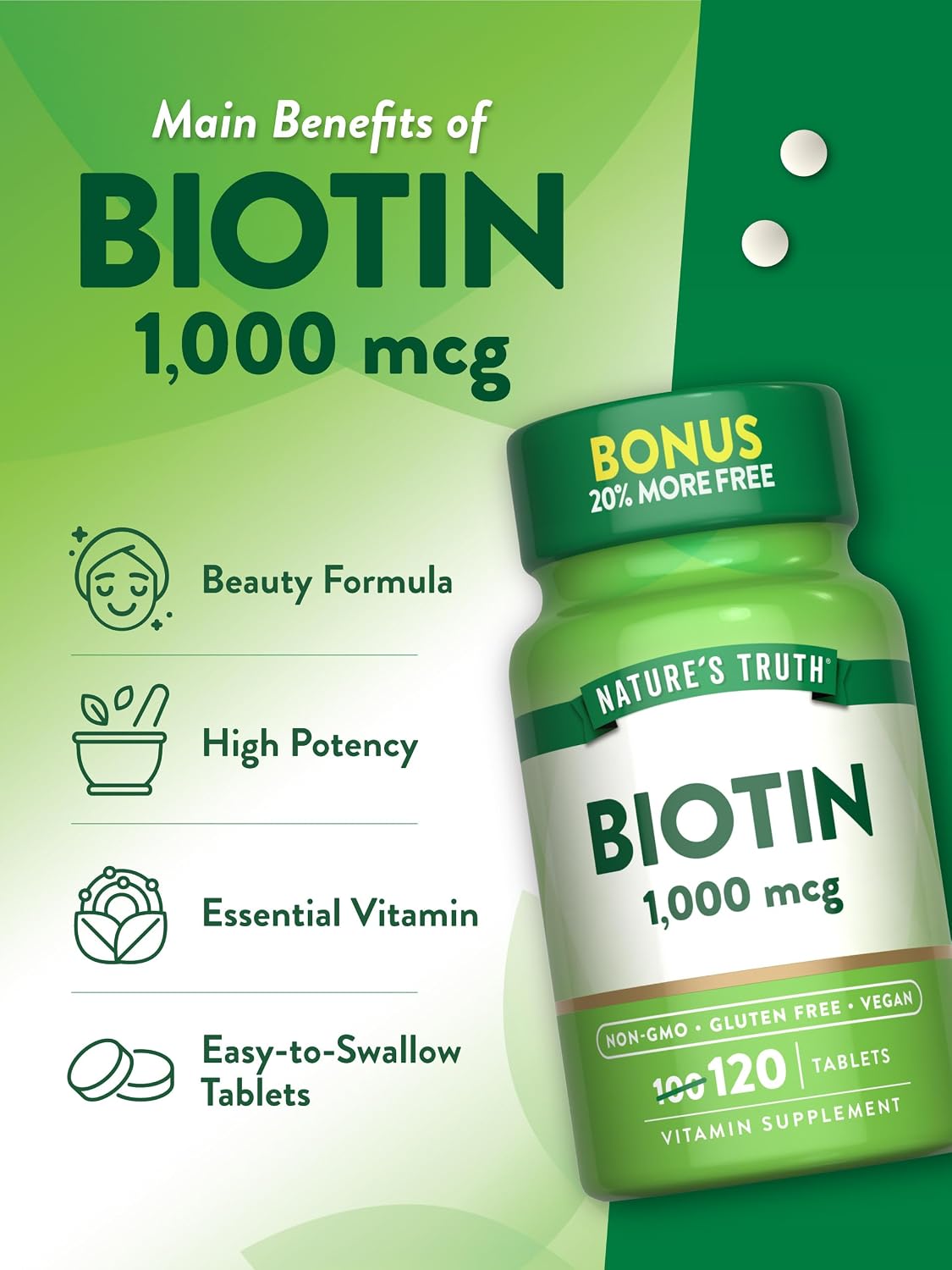 Nature's Truth Biotina 1000 mcg | 120 Comprimidos | Vegano, Sin Gluten, No-GMO