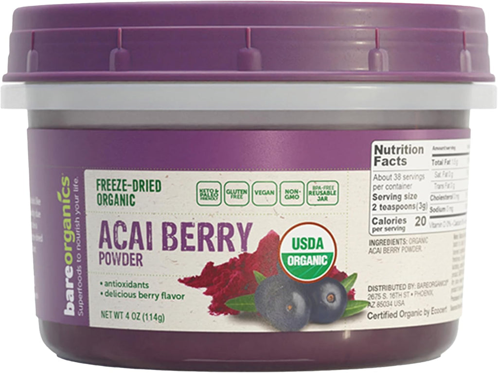 BareOrganics Polvo de Acai Orgánico - Superalimento de Bayas de Acai Liofilizadas, 113 g
