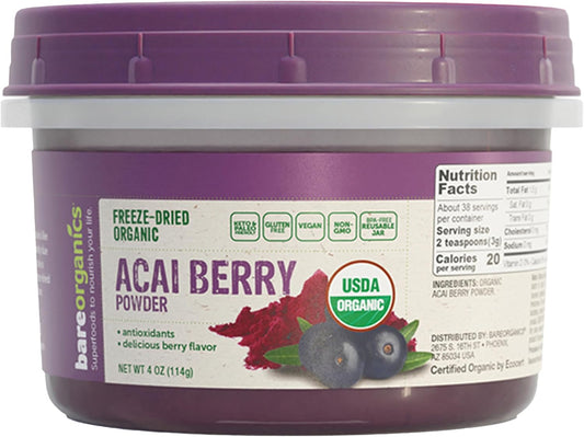 BareOrganics Polvo de Acai Orgánico - Superalimento de Bayas de Acai Liofilizadas, 113 g