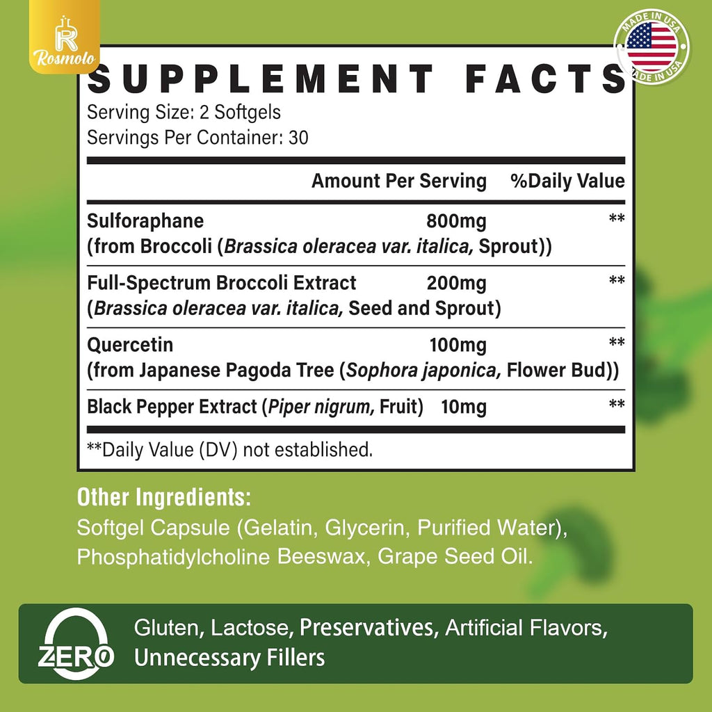 800 MG Sulforafano Liposomal, Sistema de Doble Liberación para Máxima Absorción y Potencia, Extracto de Brócoli de Espectro Completo, Antioxidante y Apoyo Hepático, 120 Cápsulas Blandas