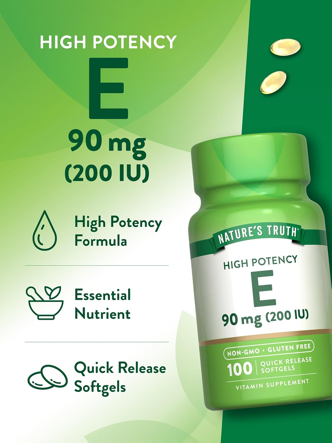 Nature's Truth Vitamina E 200 UI, 100 Cápsulas Blandas - Sin Gluten y No Transgénico