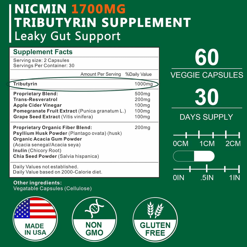 NICMIN Tributirina 1700mg - Suplemento de Butirato para la Salud Intestinal (60 Cápsulas)
