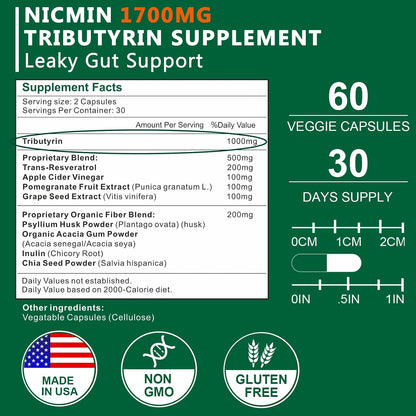 NICMIN Tributirina 1700mg - Suplemento de Butirato para la Salud Intestinal (60 Cápsulas) – Image 2