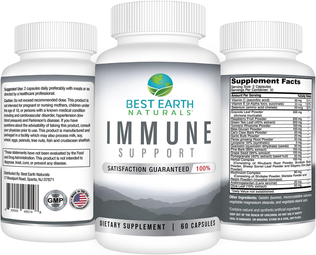 Best Earth Naturals Complemento Inmunitario Multivitamínico para Adultos con Vitamina C 30 mg, Vitamina E 30 UI, Cúrcuma, Hongos, Ajo y Más - 60 Cápsulas