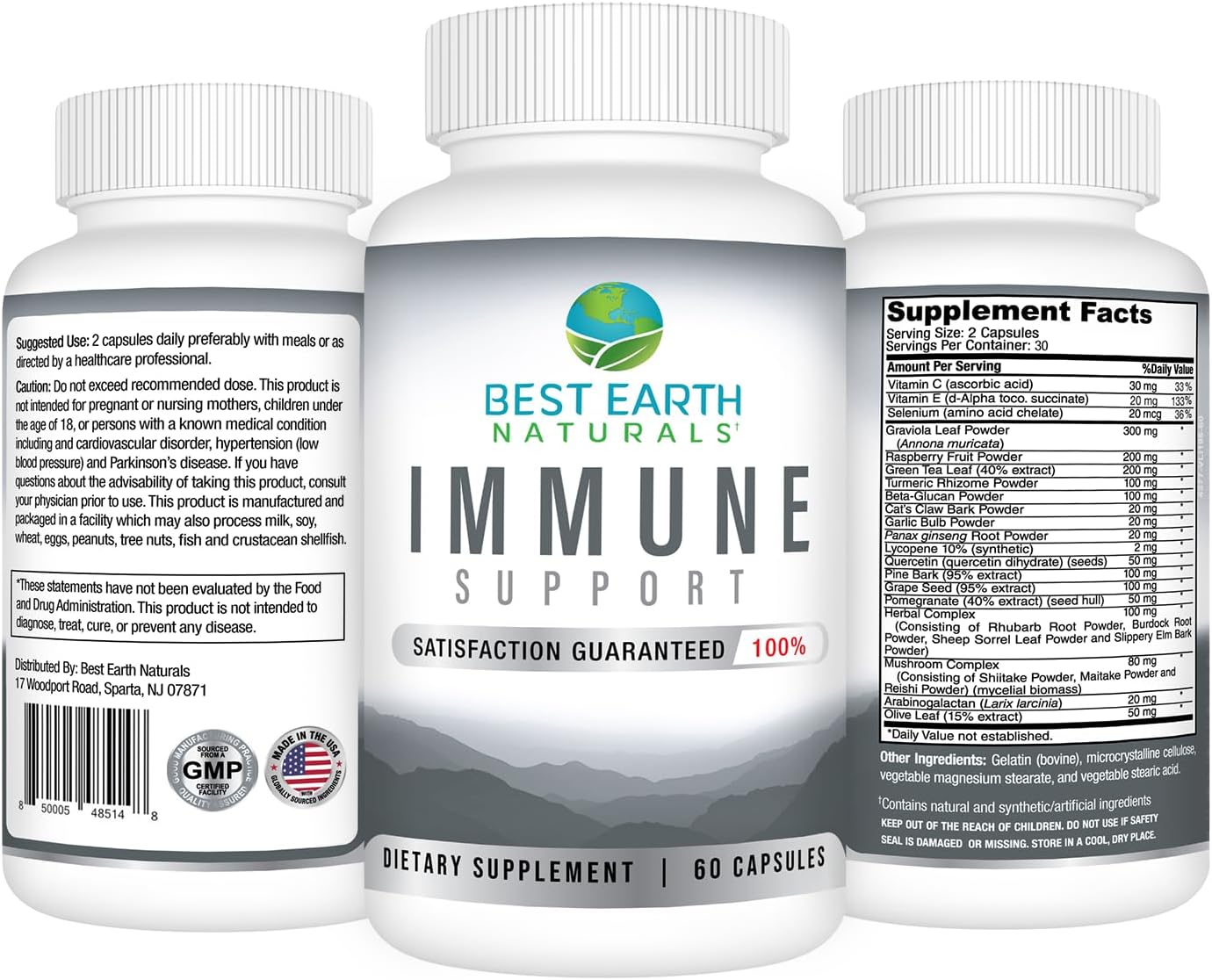Best Earth Naturals Complemento Inmunitario Multivitamínico para Adultos con Vitamina C 30 mg, Vitamina E 30 UI, Cúrcuma, Hongos, Ajo y Más - 60 Cápsulas