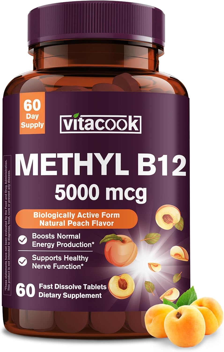 Vitamina B12 Sublingual 5000mcg - Metilcobalamina - 240 Comprimidos de Disolución Rápida - Sabor Melocotón Natural - Vegano, Sin Azúcar