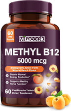 Vitamina B12 Sublingual 5000mcg - Metilcobalamina - 240 Comprimidos de Disolución Rápida - Sabor Melocotón Natural - Vegano, Sin Azúcar