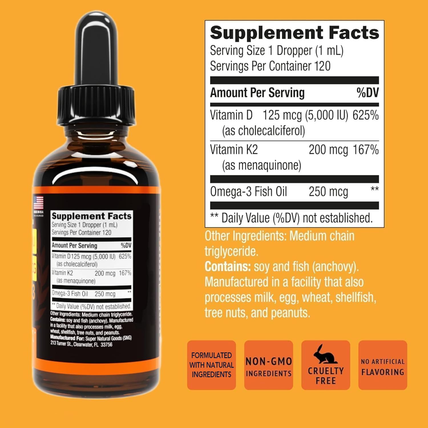 Gotas líquidas de Vitamina D3 y K2 5000 UI (118 ml) - Fórmula de máxima potencia con MCT y Omega 3