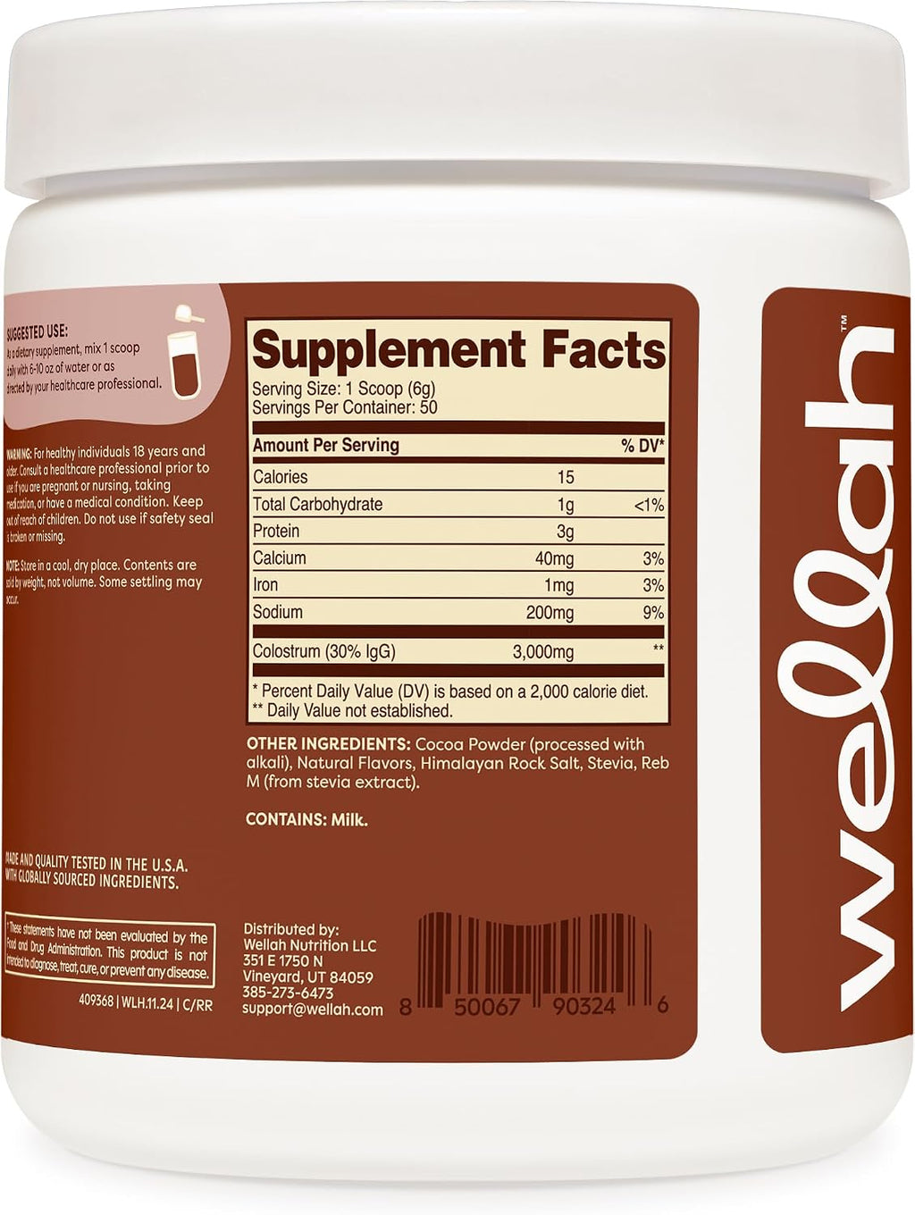 Wellah Colostrum Sabor Rocky Road (50 Dosis) - Endulzado con Stevia, 3g de Calostro por Dosis, Complemento Alimenticio