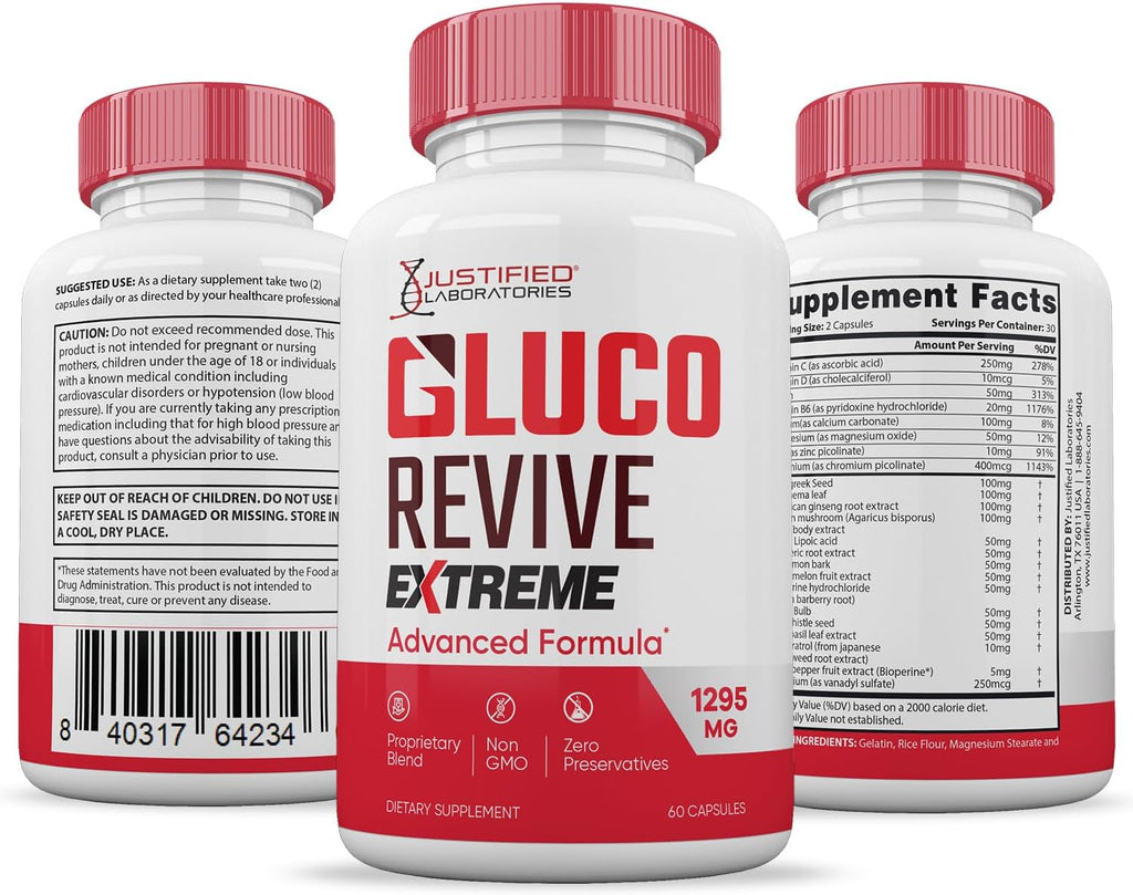 Gluco Revive Extreme 1295mg - Suplemento Avanzado con Hierbas y Vitaminas (2 Pack, 120 Cápsulas)