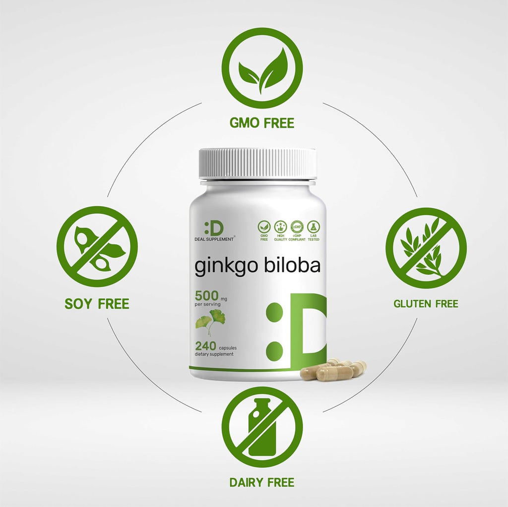 DEAL SUPPLEMENT Ginkgo Biloba 500mg - 240 Cápsulas - 4 Meses de Suministro