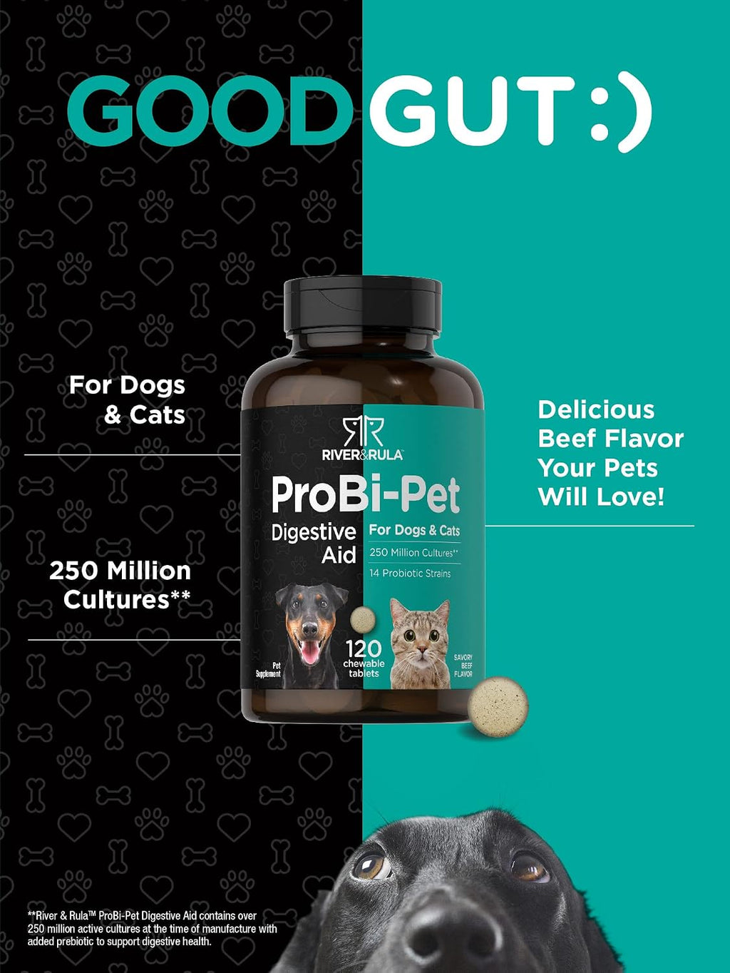 Horbaach Probióticos para Perros y Gatos | 120 Comprimidos Masticables | Salud Digestiva | 14 Cepas Probióticas | Sabor a Ternera | River & RULA
