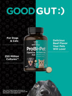 Horbaach Probióticos para Perros y Gatos | 120 Comprimidos Masticables | Salud Digestiva | 14 Cepas Probióticas | Sabor a Ternera | River & RULA
