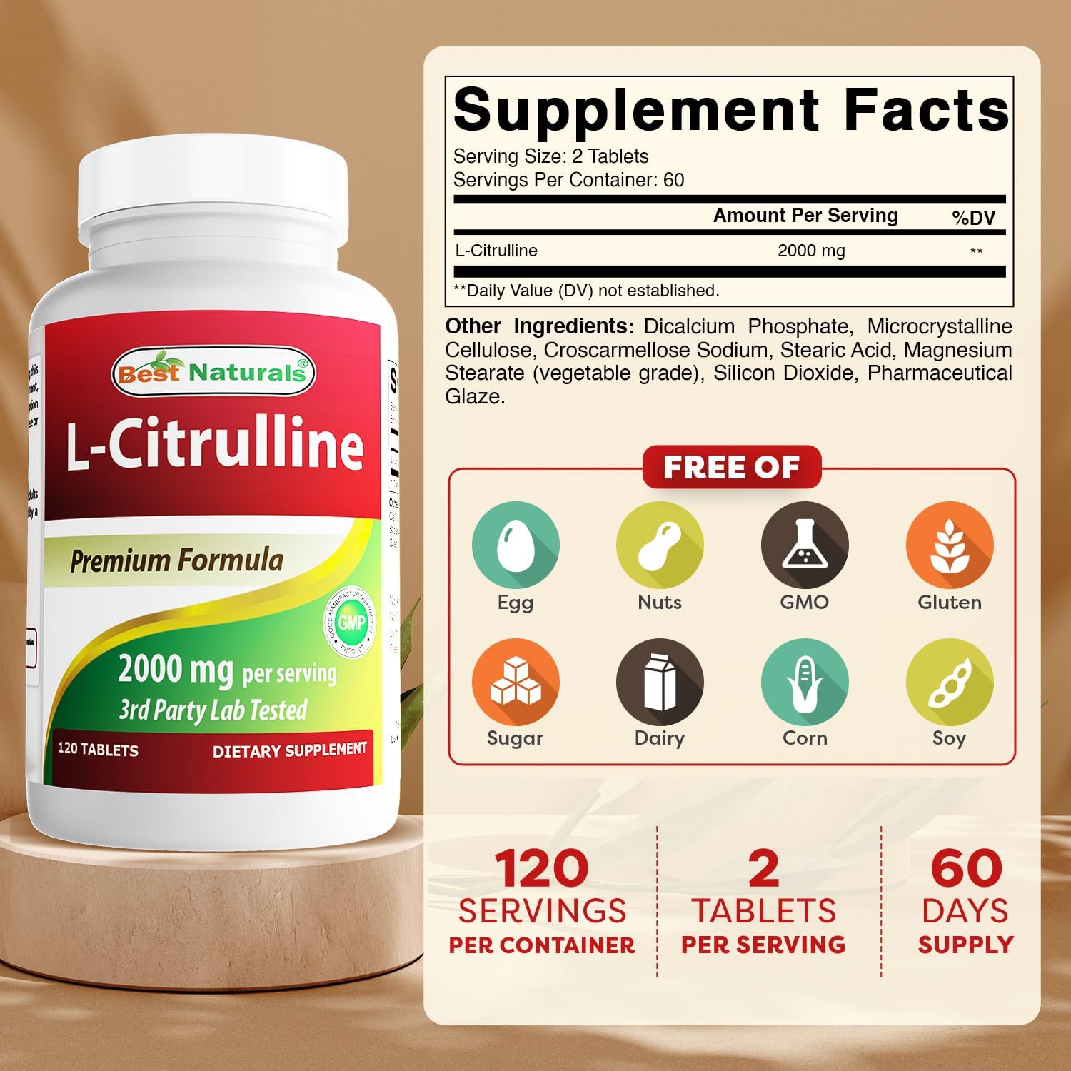 Best Naturals L-Citrulline 2000 mg por dosis - Sin OMG - Sin Gluten - 120 Comprimidos (Pack de 3)
