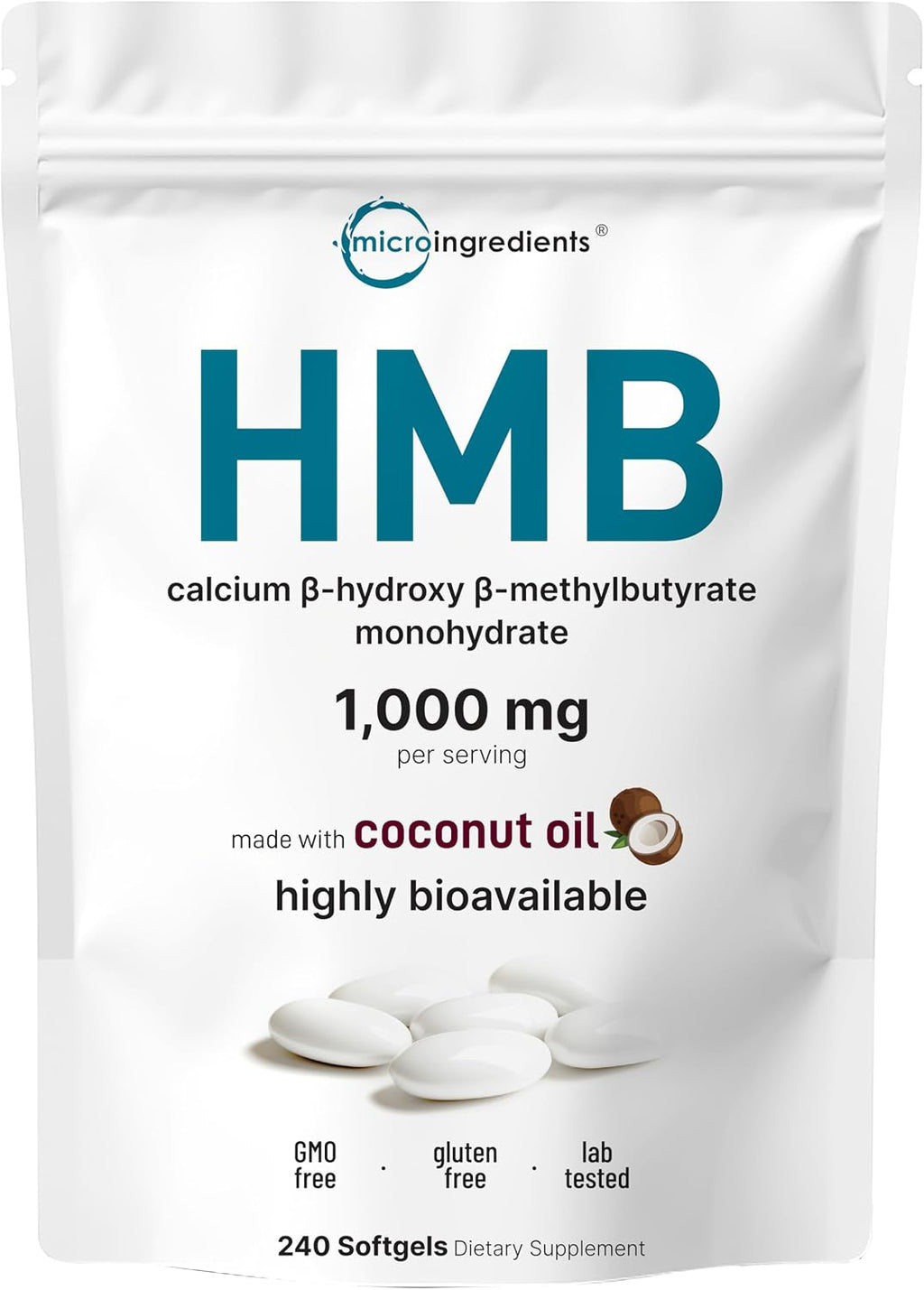 HMB 1.000 mg | 240 Cápsulas Blandas con Aceite de Coco | Alta Biodisponibilidad | Suplemento HMB para Hombres y Mujeres | Beta-Hidroxi Beta-Metilbutirato Cálcico | Apoya la Masa Muscular Magra y la Recuperación Muscular