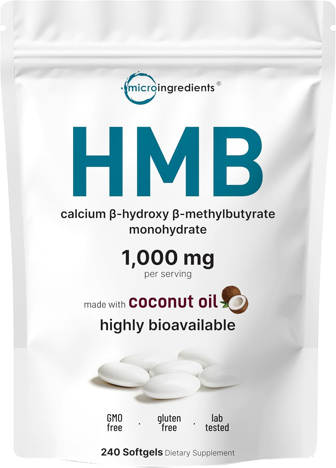 HMB 1.000 mg | 240 Cápsulas Blandas con Aceite de Coco | Alta Biodisponibilidad | Suplemento HMB para Hombres y Mujeres | Beta-Hidroxi Beta-Metilbutirato Cálcico | Apoya la Masa Muscular Magra y la Recuperación Muscular