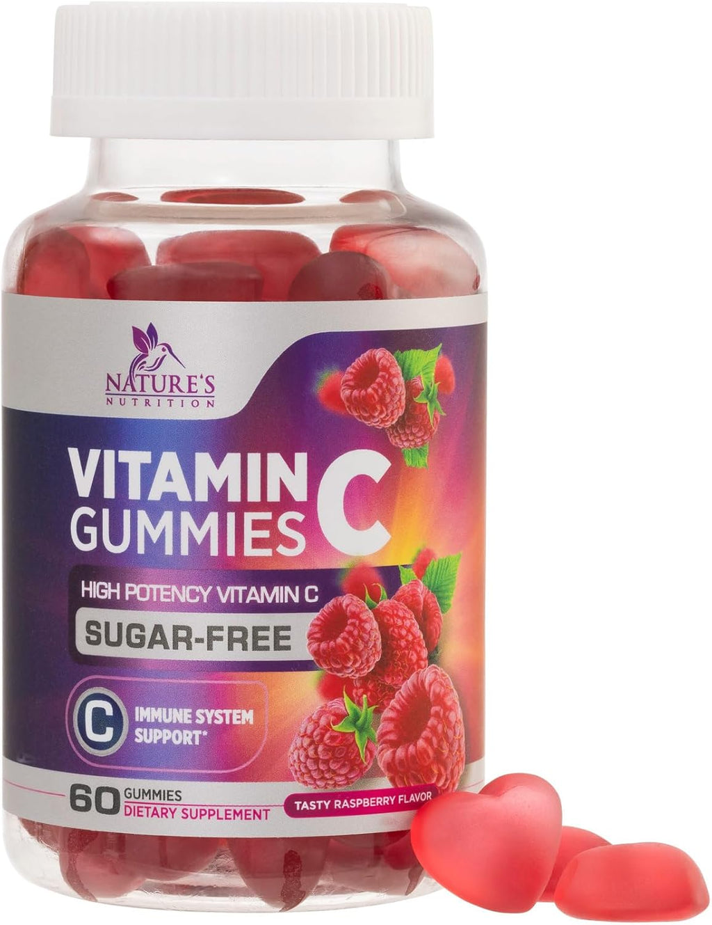 Vitamina C Sin Azúcar Gomitas - Suplemento Inmunológico - 60 Gomitas Veganas Sabor Frambuesa