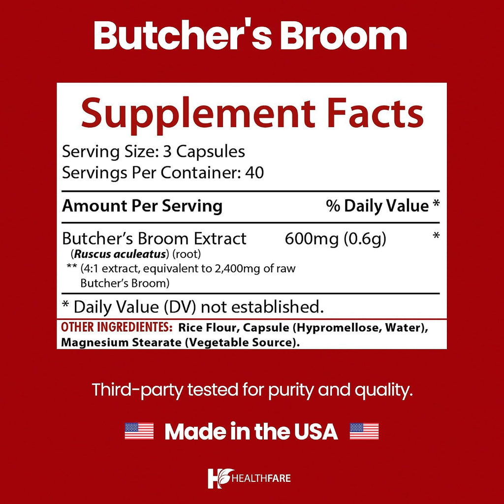 Healthfare Suplemento de Rusco (Butcher's Broom) | 120 Cápsulas Vegetales | Extracto 2400mg