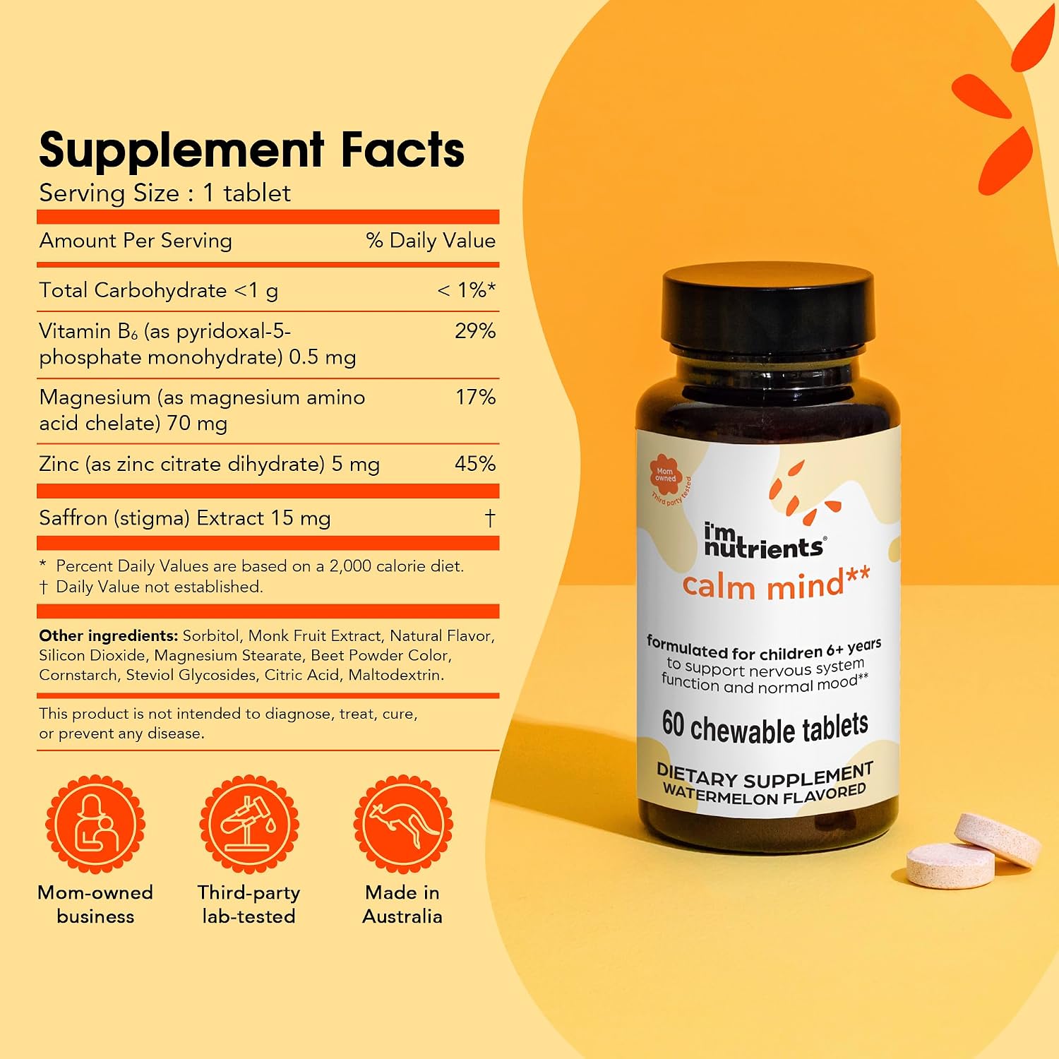 I’m Nutrients Calm Mind | Suplemento para Niños con Azafrán, Magnesio, Vitamina B6 y Zinc | Sabor Natural | 60 Comprimidos Masticables