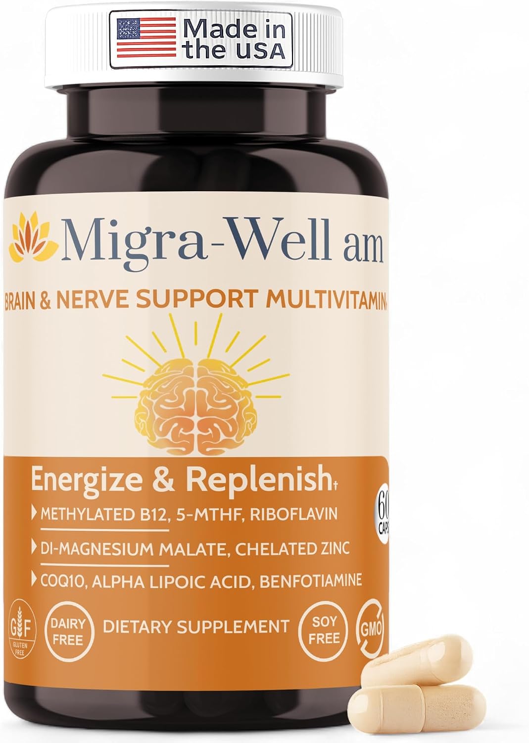 Wellkasa Migra-Well AM: Multivitamínico Metilado Diario con Minerales Biodisponibles y Antioxidantes para la Salud Cerebral y Nerviosa - Sin Hierro (60 Cápsulas)