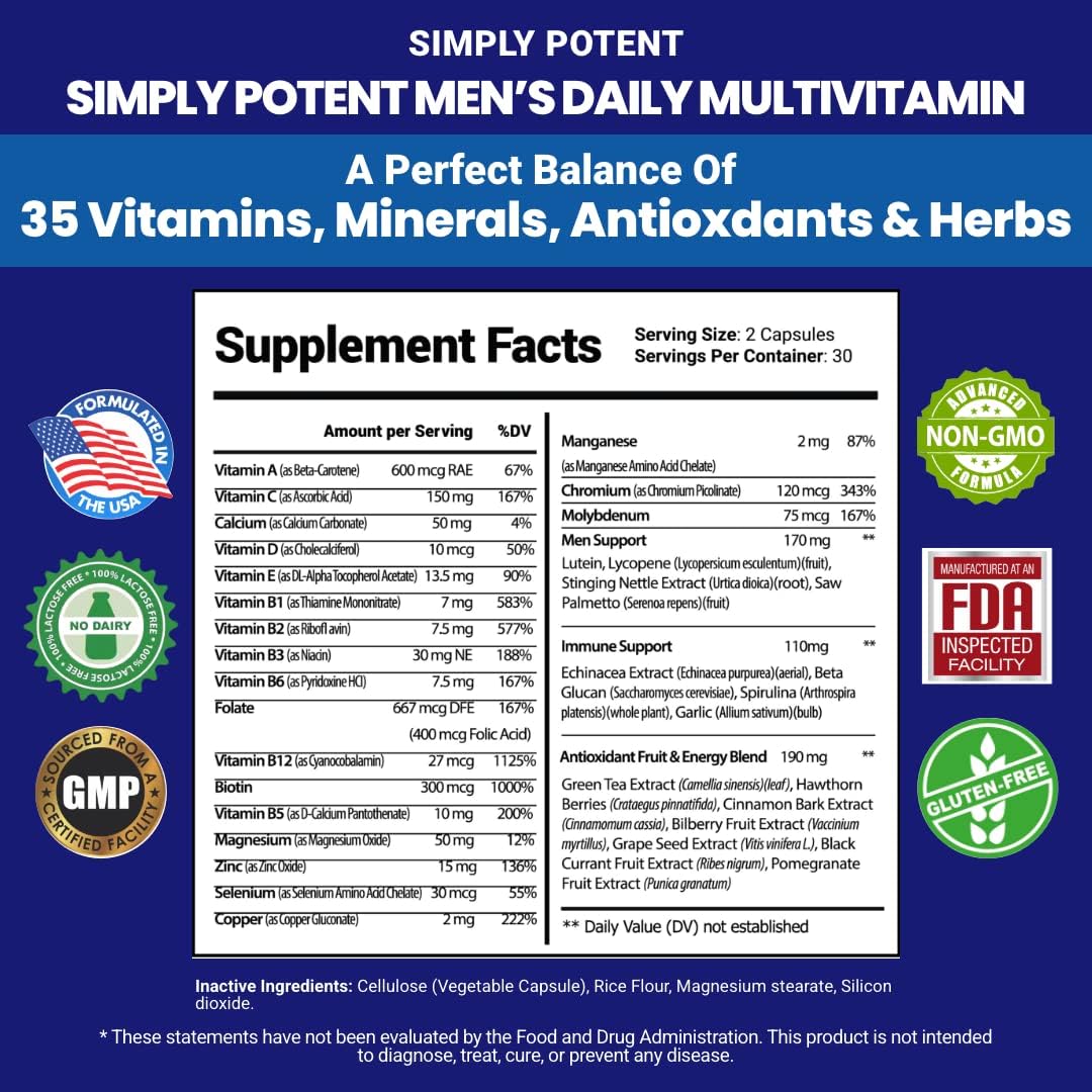 Simply Potent Multivitamínico Diario para Hombres | 35 Vitaminas, Minerales y Antioxidantes | 60 Comprimidos