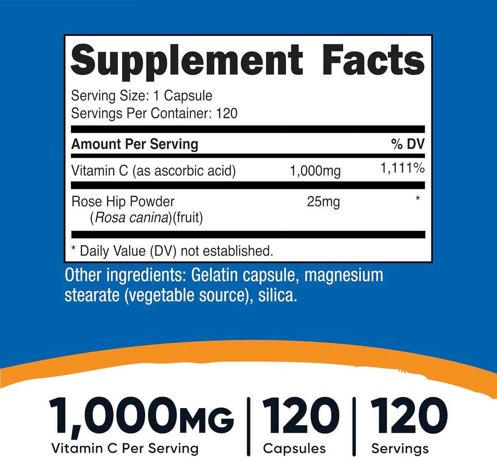 Nutricost Vitamina C con Escaramujo 1025mg, 120 Cápsulas