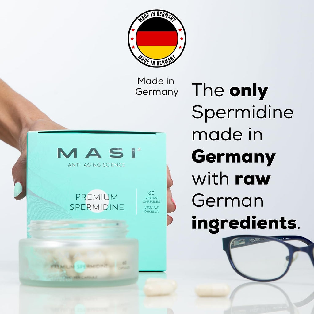 MASI Spermidine Supplement – 1.5mg, 60 Cápsulas, 1 Botella | Fabricado en Alemania, Testado en Suiza | Renovación Celular para Longevidad, Metabolismo, Inmunidad, Salud Cerebral y Cutánea | Vegano, No GMO