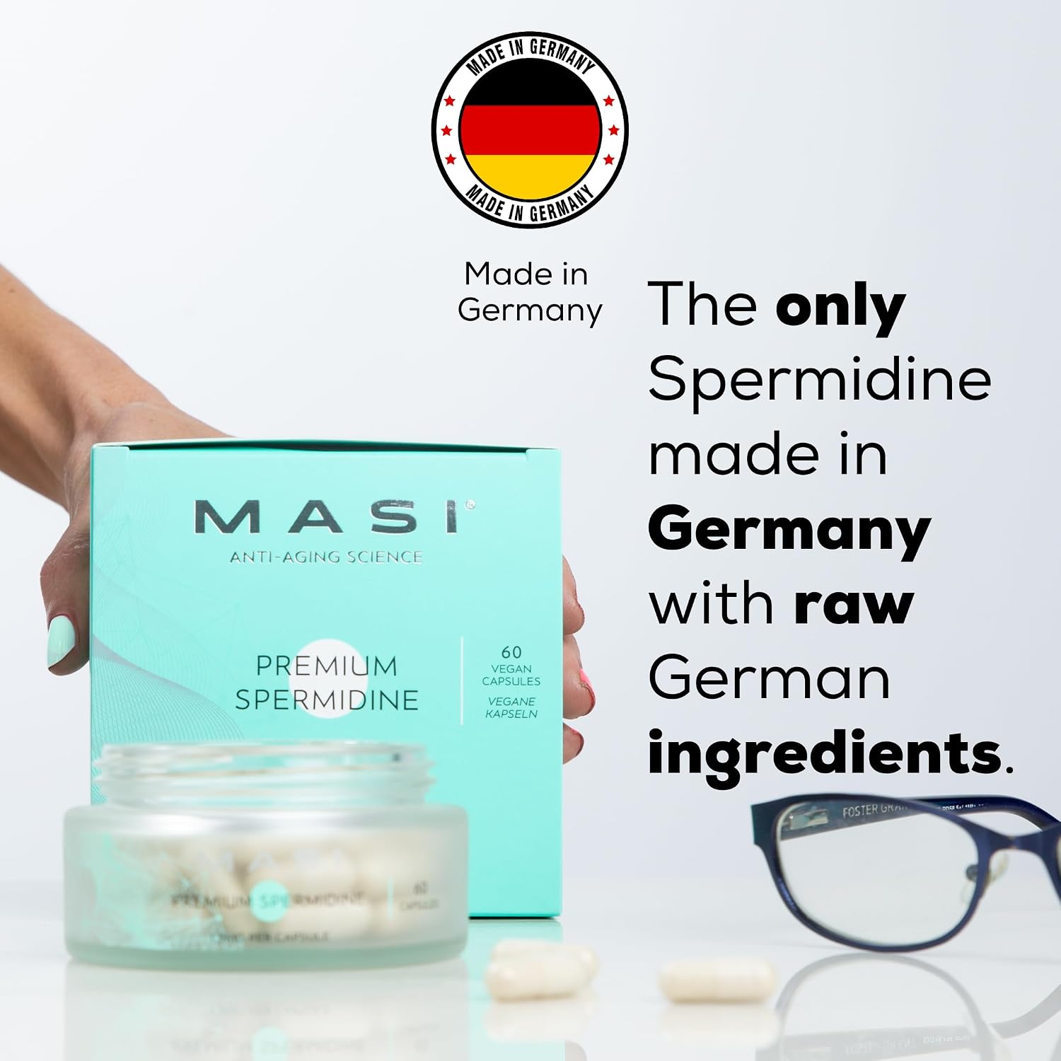 MASI Spermidine Supplement – 1.5mg, 60 Cápsulas, 1 Botella | Fabricado en Alemania, Testado en Suiza | Renovación Celular para Longevidad, Metabolismo, Inmunidad, Salud Cerebral y Cutánea | Vegano, No GMO