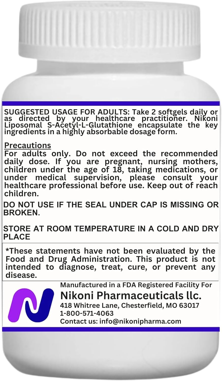 Nikoni Liposomal S-Acetil L-Glutation, Resveratrol, Ácido Hialurónico y Colágeno, 500 mg, 120 Cápsulas Blandas