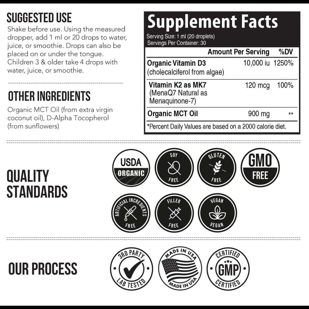 Vitamina D3 K2 Orgánica 10000 UI + 120 mcg MK-7 - Gotas Sublinguales - Triquetra Health