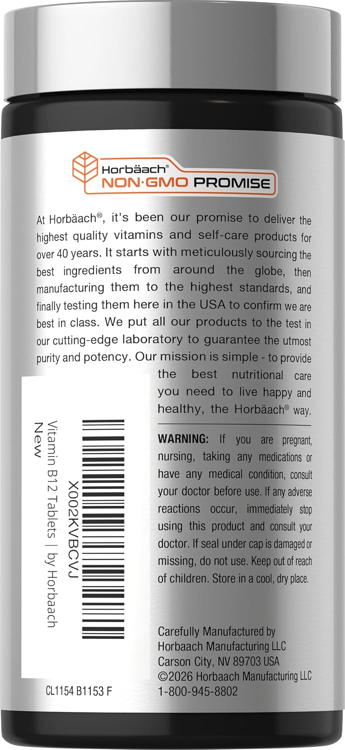Horbaach Vitamina B12 1000 mcg Sublingual - 400 Comprimidos de Rápida Disolución - Metilcobalamina, Sabor a Bayas, Vegano, Sin Gluten