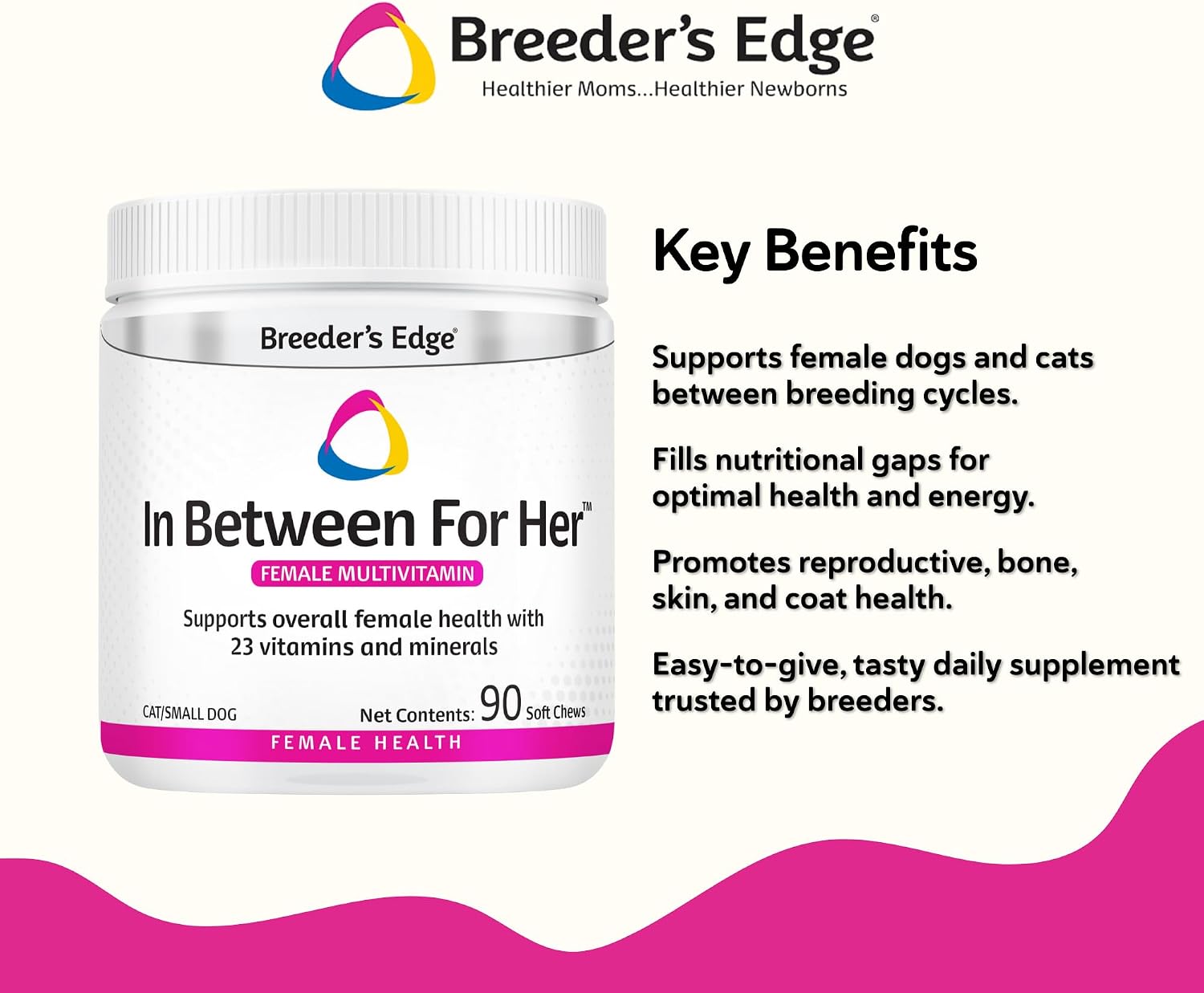 Breeder's Edge In Between for Her, Suplemento multivitamínico diario para perros y gatos reproductores, 90 comprimidos para gatos y perros pequeños