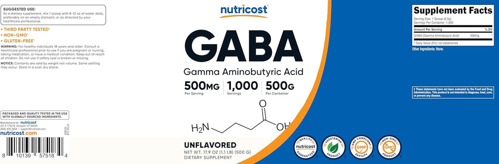 Nutricost GABA puro 500 g en polvo (ácido gamma-aminobutírico)