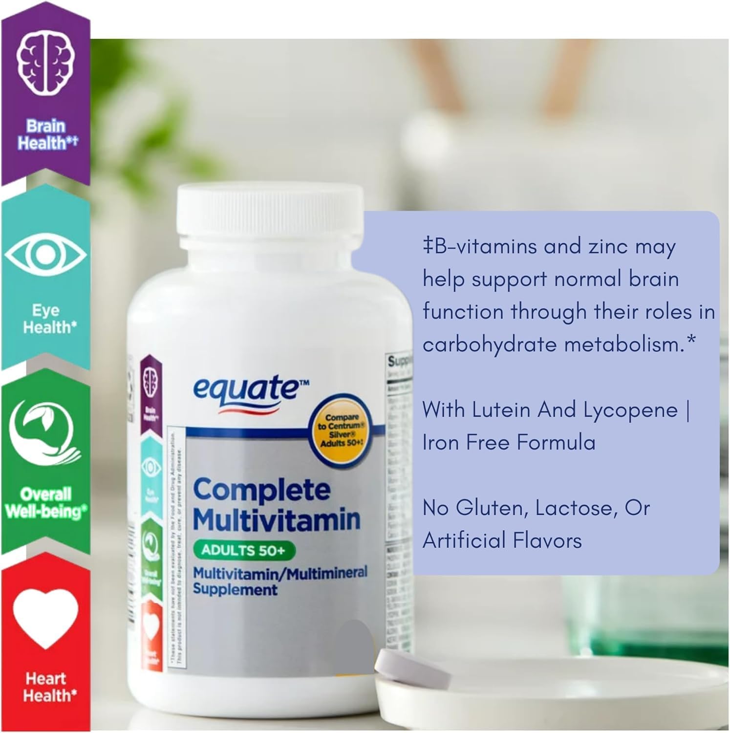 Equate Adulto 50+ Multivitamínico Multimineral Completo de Una Toma Diaria, Salud Cerebral - 125 Comprimidos