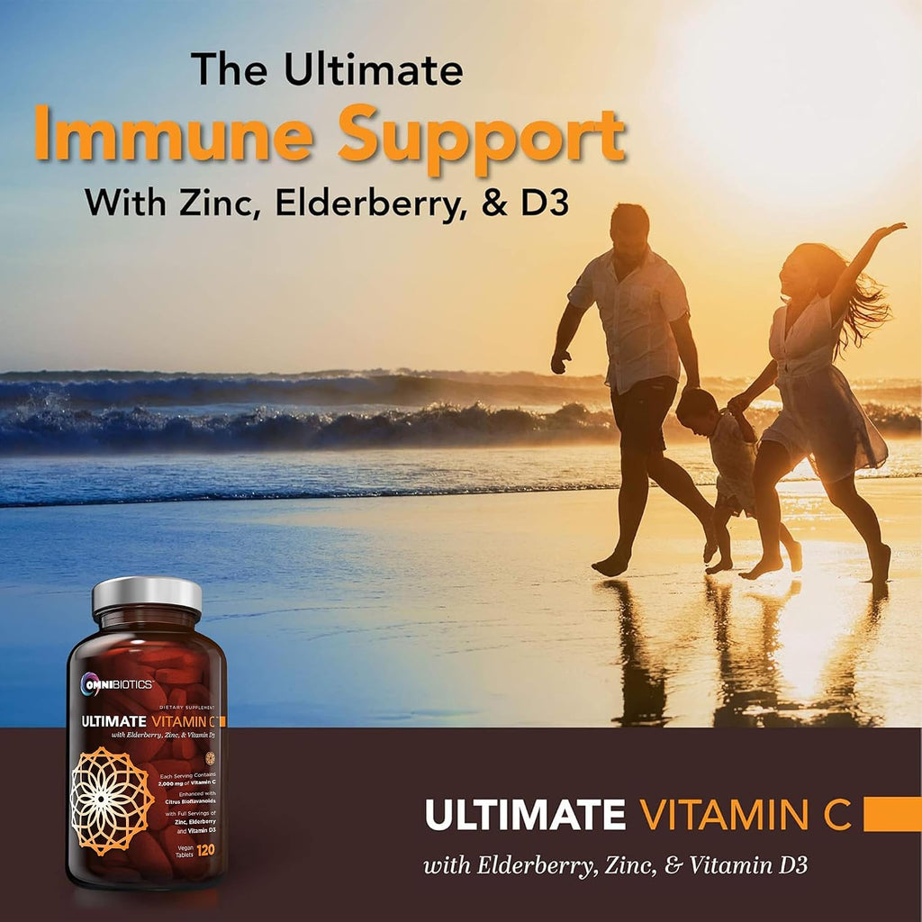 OmniBiotics Ultimate Vitamina C 2000 mg con Zinc, Saúco y D3 – 120 Comprimidos Veganos