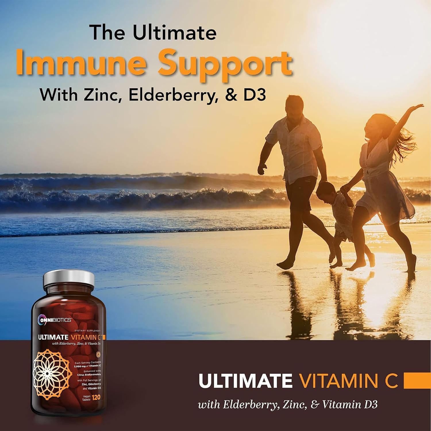 OmniBiotics Ultimate Vitamina C 2000 mg con Zinc, Saúco y D3 – 120 Comprimidos Veganos