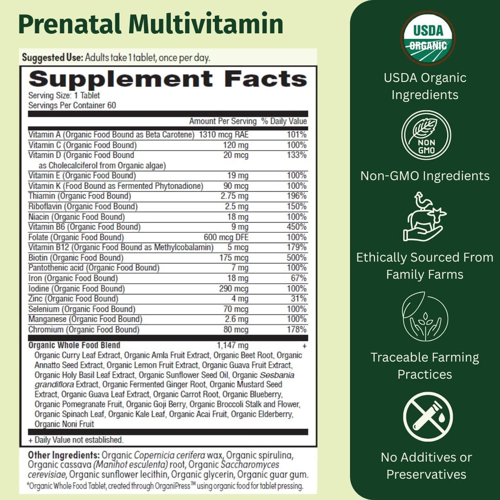 Multivitamínico Prenatal Diario para Mujeres para Concepción, Embarazo, Postparto y Lactancia, con Folato, Hierro y Mezcla de Alimentos Integrales Orgánicos, Vegano, 30 Comprimidos