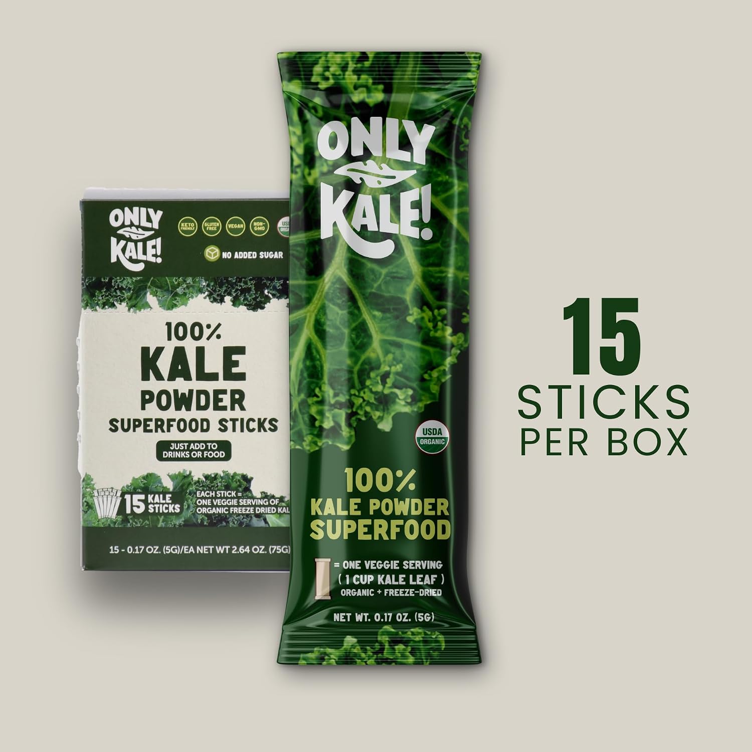 OnlyKale Kale en Polvo Ecológico - Superalimento Verde - 15 Sticks (1 Mes)