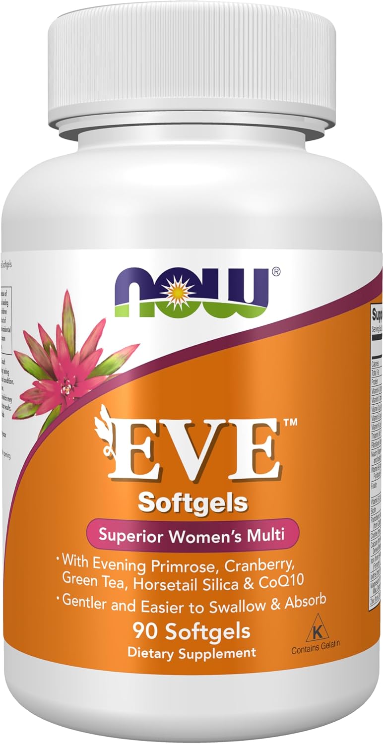 NOW Foods Eve™ Multivitamínico para Mujeres con Onagra, Arándano Rojo, Té Verde, Cola de Caballo y CoQ10, 90 Cápsulas Blandas