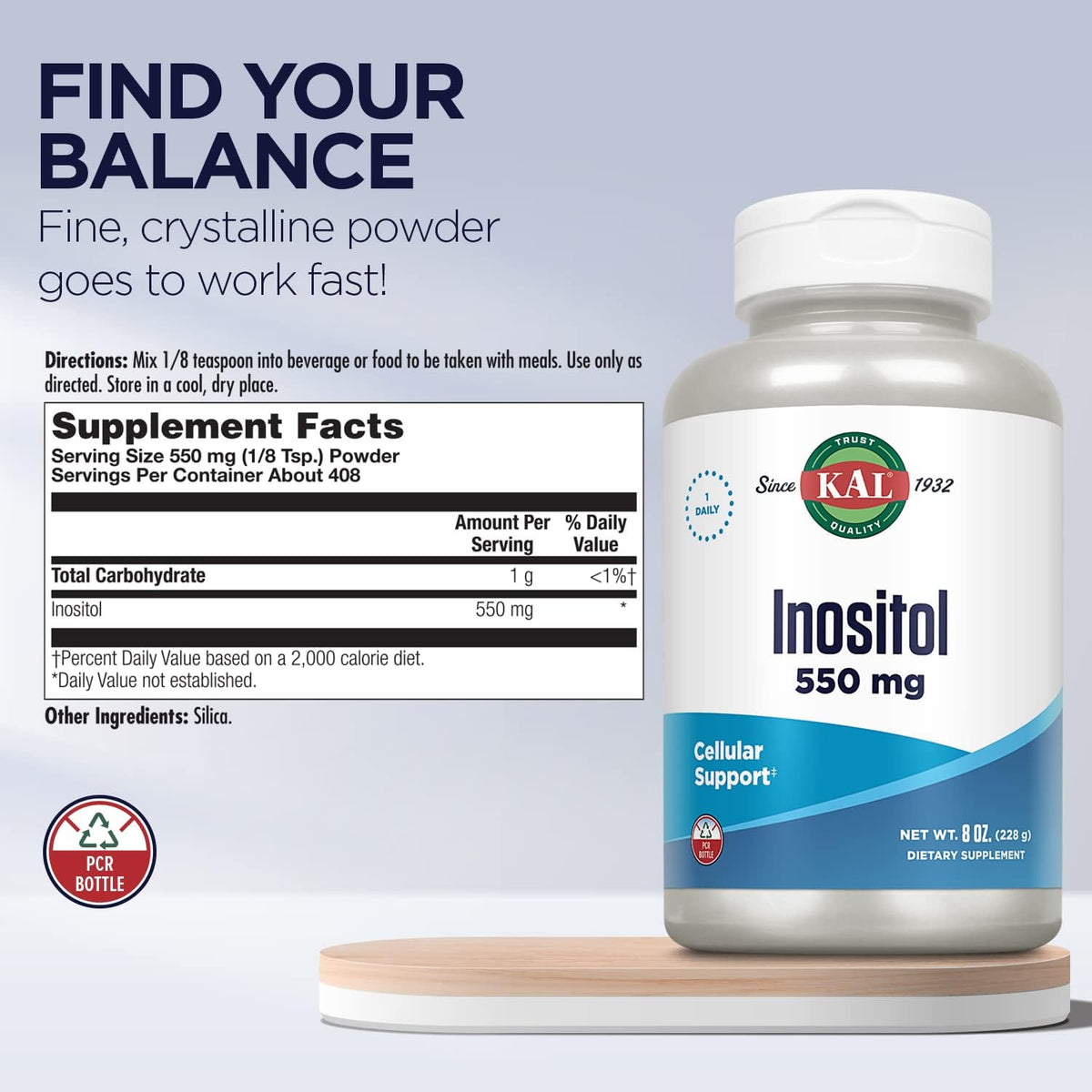 KAL Inositol en Polvo, 550 mg por Ración, 227 g (408 Porciones) – Image 3