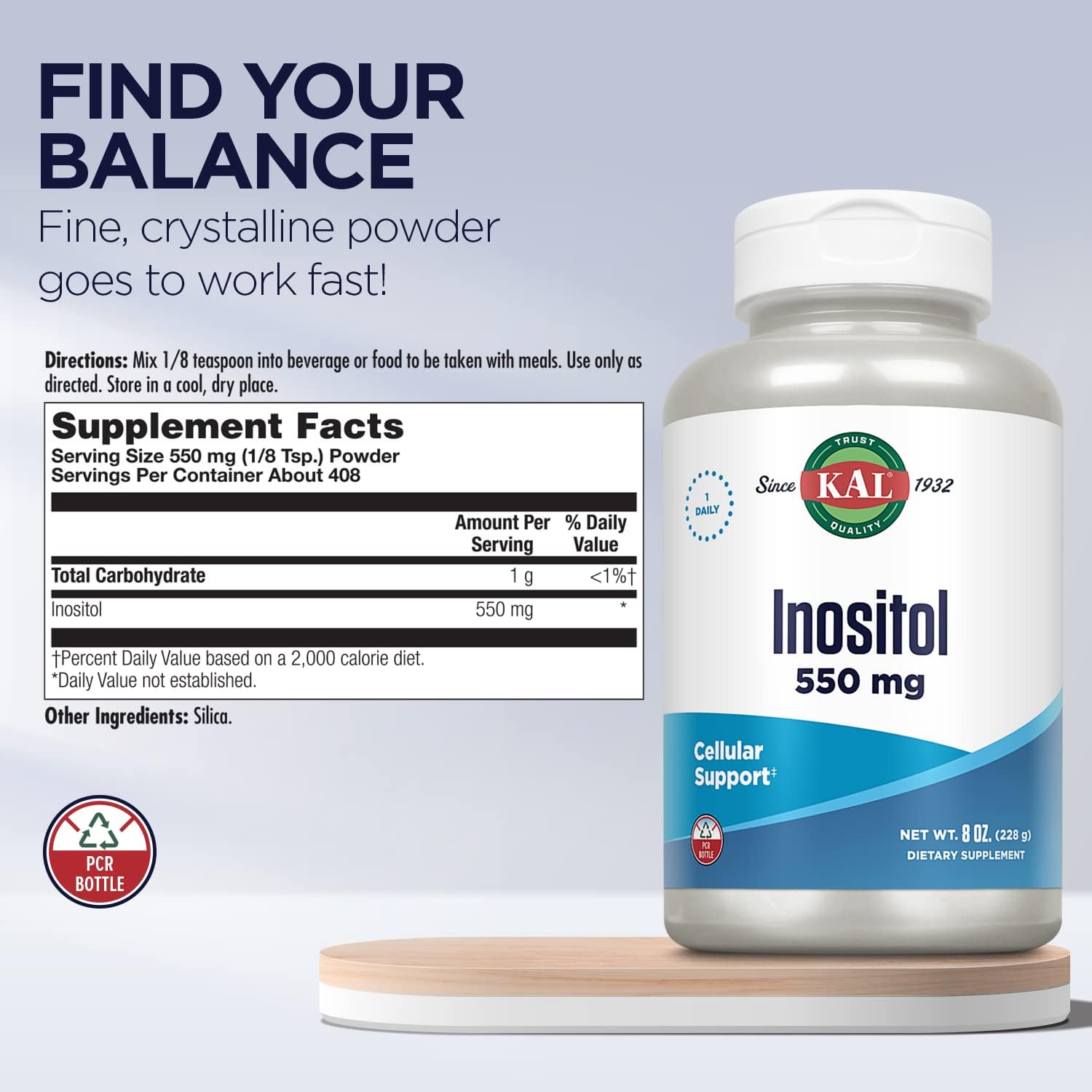 KAL Inositol en Polvo, 550 mg por Ración, 227 g (408 Porciones)