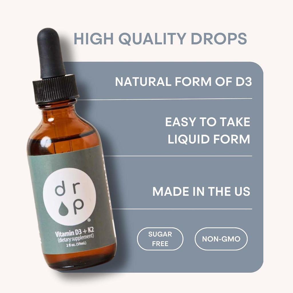 Drop Vitamina D3 + K2 Gotas Líquidas, 1000 UI D3 Vegana de Liquen, 45 mcg K2 (MK-4 y MK-7), con Aceite de Coco MCT Orgánico, 59 Dosis, 60 ml