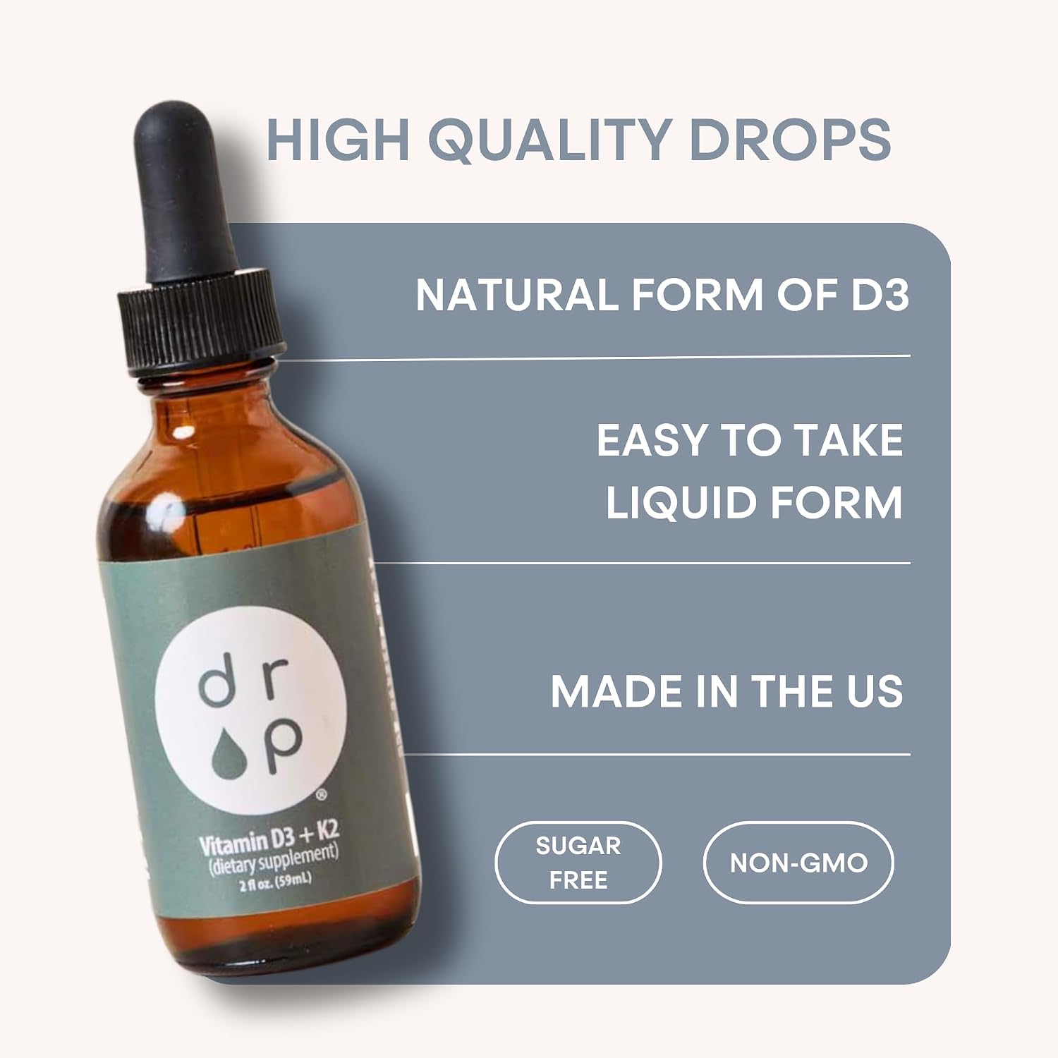 Drop Vitamina D3 + K2 Gotas Líquidas, 1000 UI D3 Vegana de Liquen, 45 mcg K2 (MK-4 y MK-7), con Aceite de Coco MCT Orgánico, 59 Dosis, 60 ml