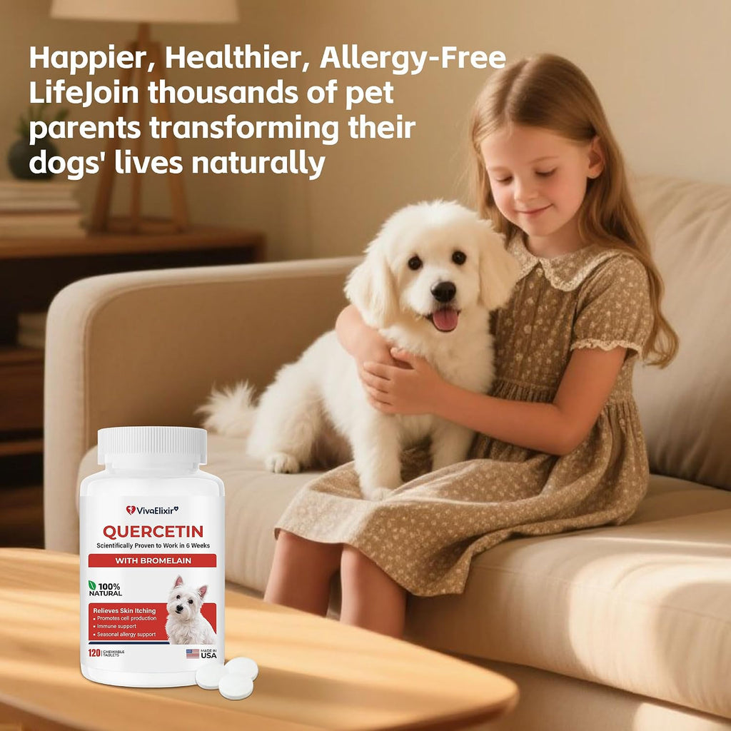 Tabletas de Quercetina y Bromelina para Perros — para Alergias Cutáneas, Dermatitis Atópica, Infecciones de Oído e Inflamación Articular — Apoyo Inmunológico y Antiinflamatorio — Formulado por Veterinarios