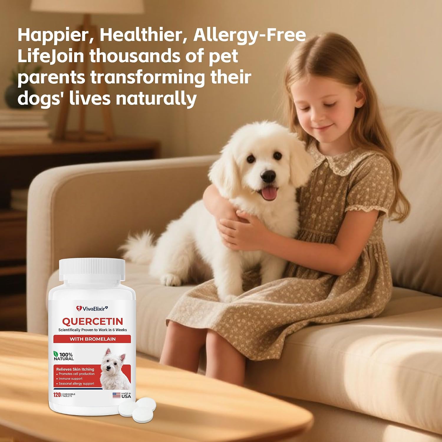 Tabletas de Quercetina y Bromelina para Perros — para Alergias Cutáneas, Dermatitis Atópica, Infecciones de Oído e Inflamación Articular — Apoyo Inmunológico y Antiinflamatorio — Formulado por Veterinarios