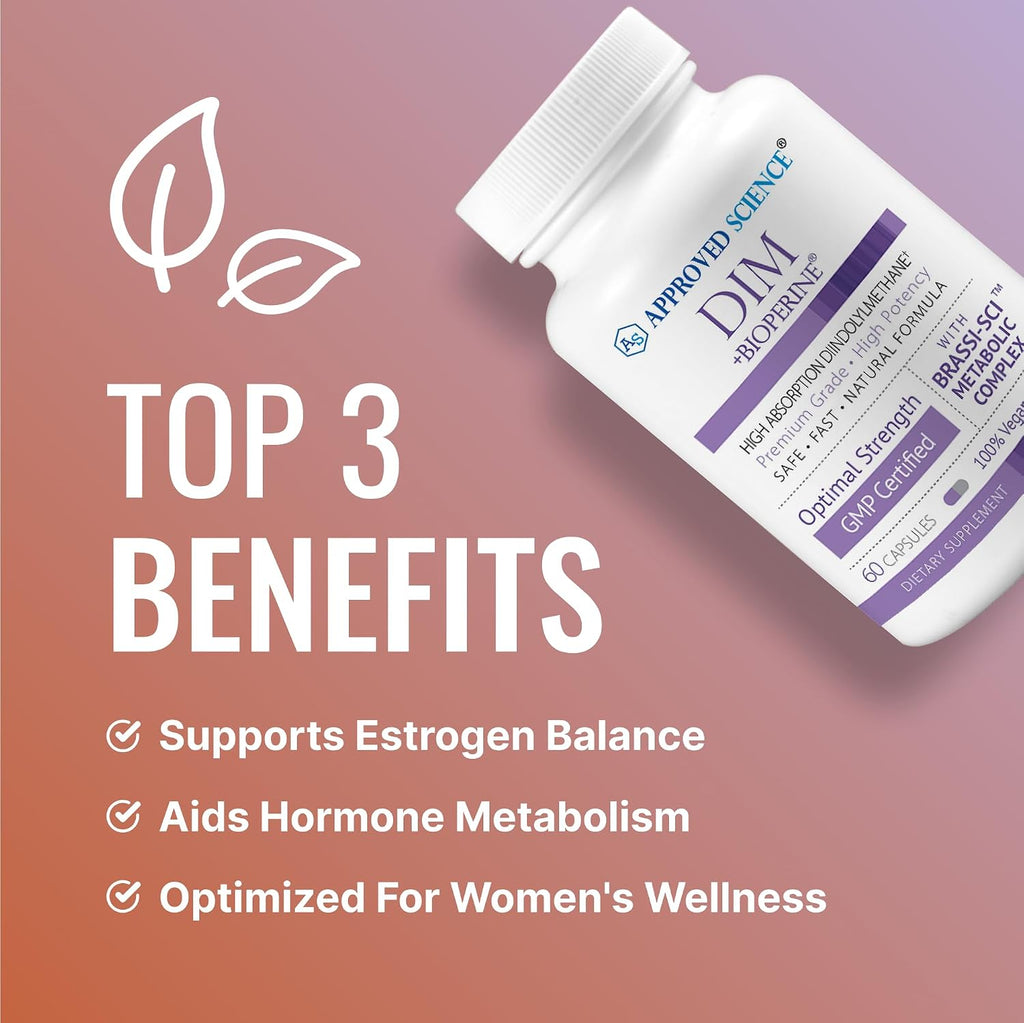 Approved Science DIM - Apoyo al Metabolismo de Estrógenos - DIM, Brócoli, Mostaza, Calcio, BioPerine - Vegano - 6 Botellas - 360 Cápsulas