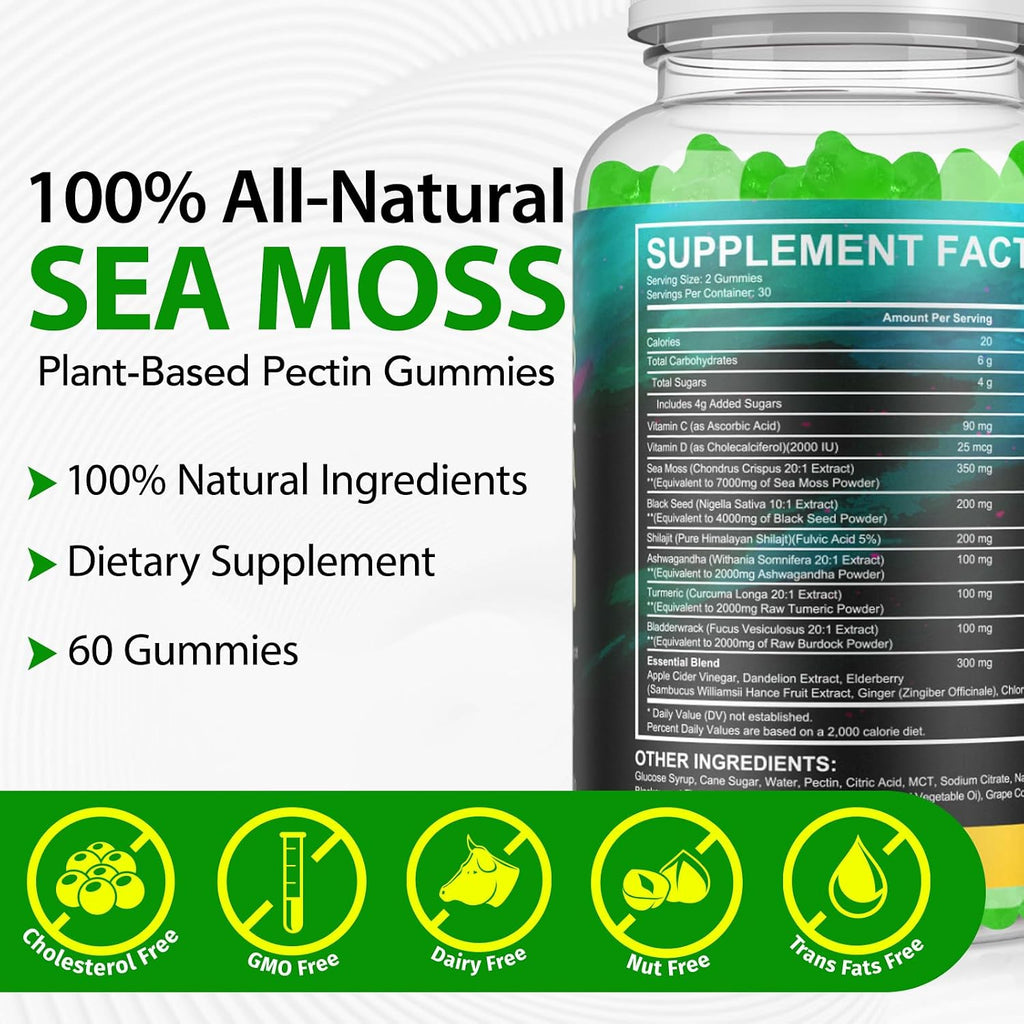 LTQXGT Gominolas de Sea Moss, Bladderwrack, Ashwagandha y Burdock Root - 60 Gominolas Veganas