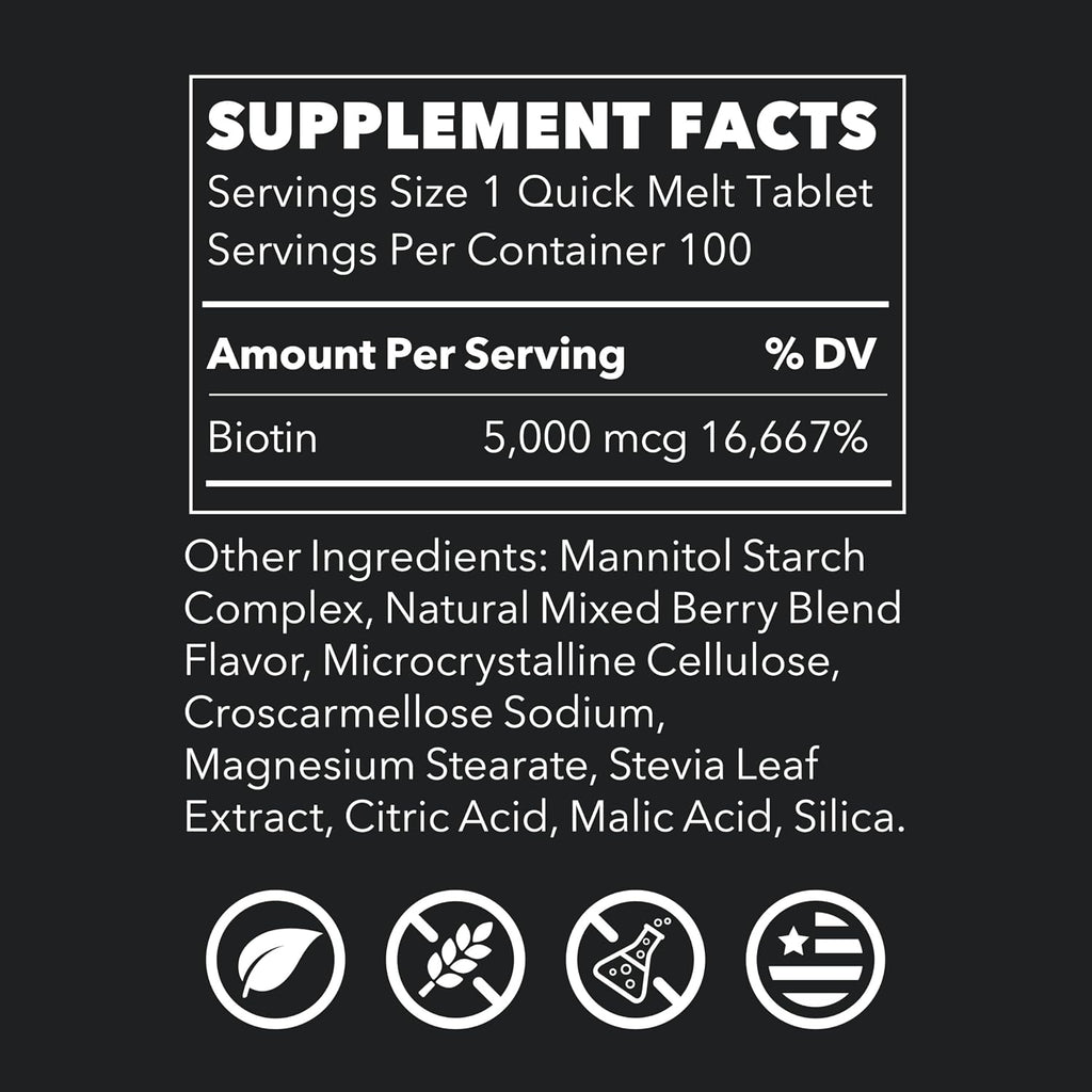 LifeSeasons Essentials Biotin 5.000 mcg Quick Melts – Sabor Bayas Mixtas – 100 Comprimidos